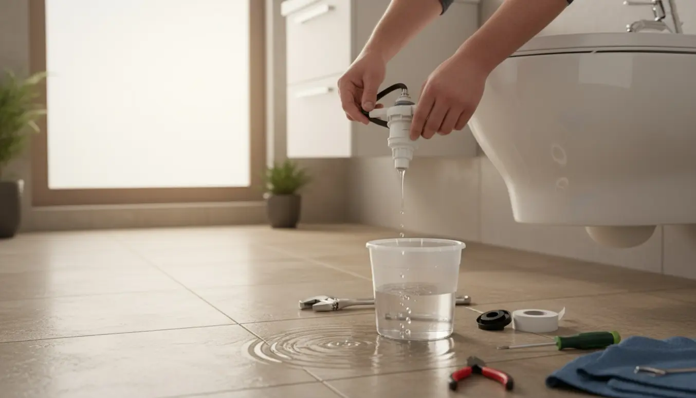 Hænder justerer fyldventilen i en åben cisterne bag et væghængt toilet med værktøj og en spand på fliserne.