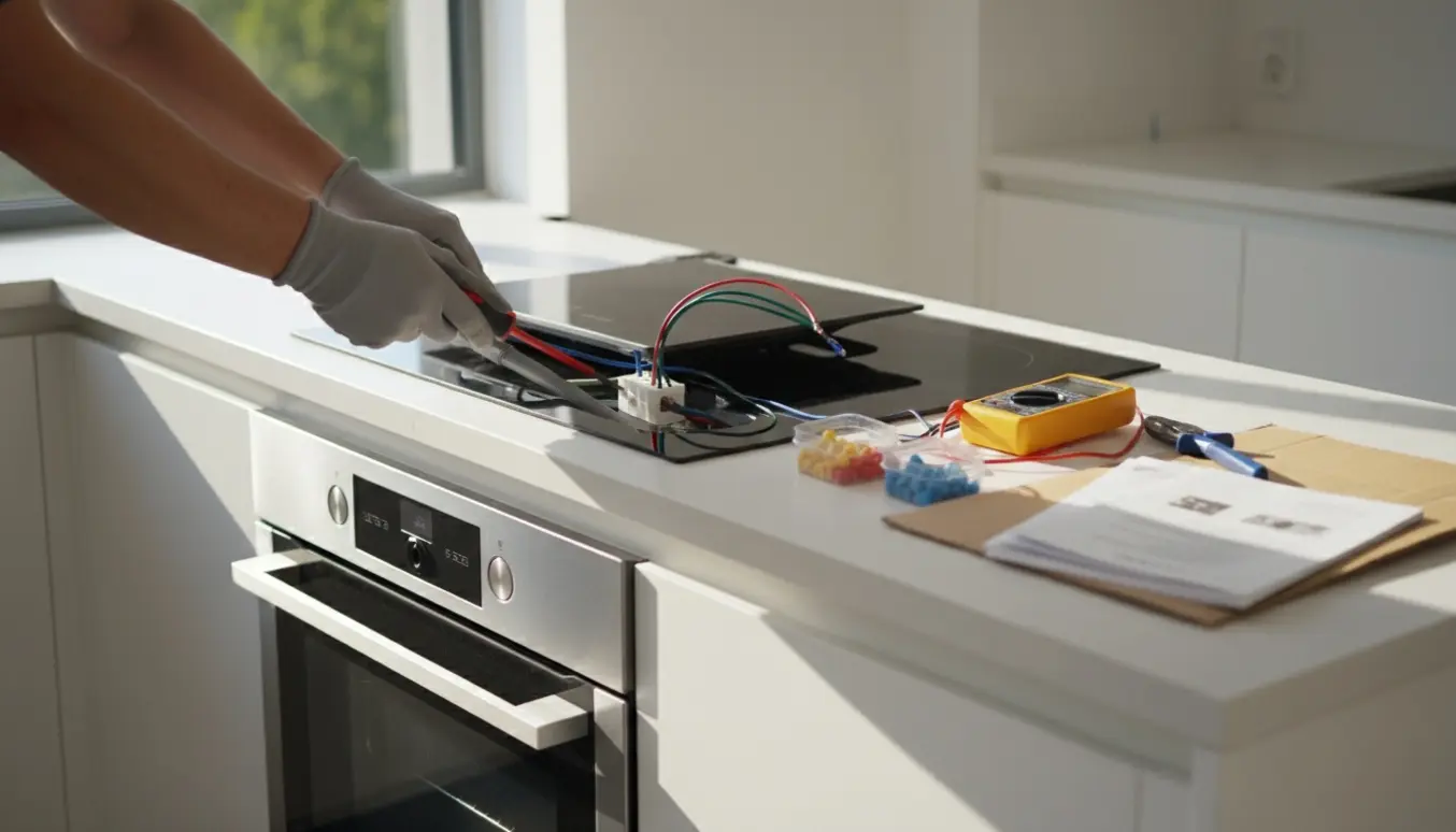 En elektriker forbinder en ny indbygningsovn og kogeplade i et køkken, kun hænder og værktøj synlige.