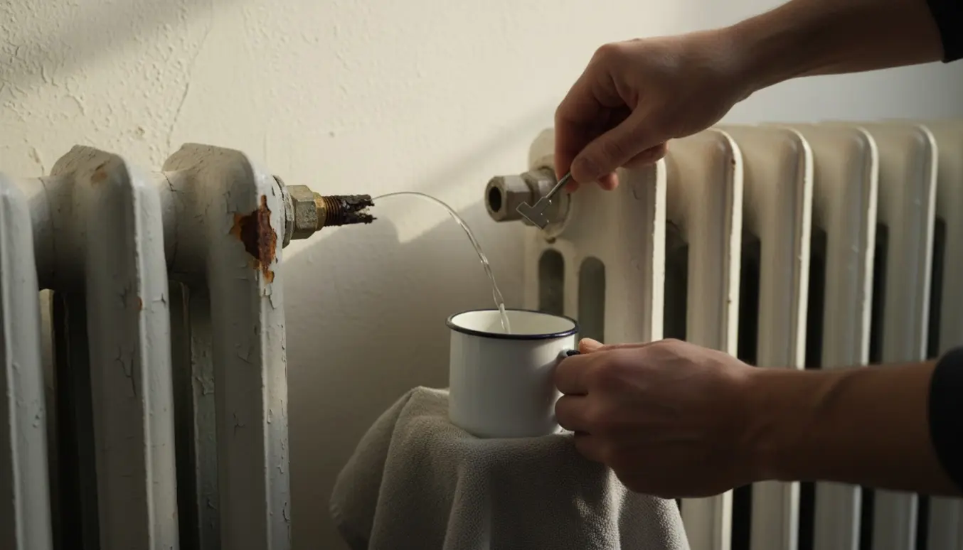 Hænder bruger radiatornøgle på to gamle støbejernsradiatorer, den ene med meget medtaget gevind.