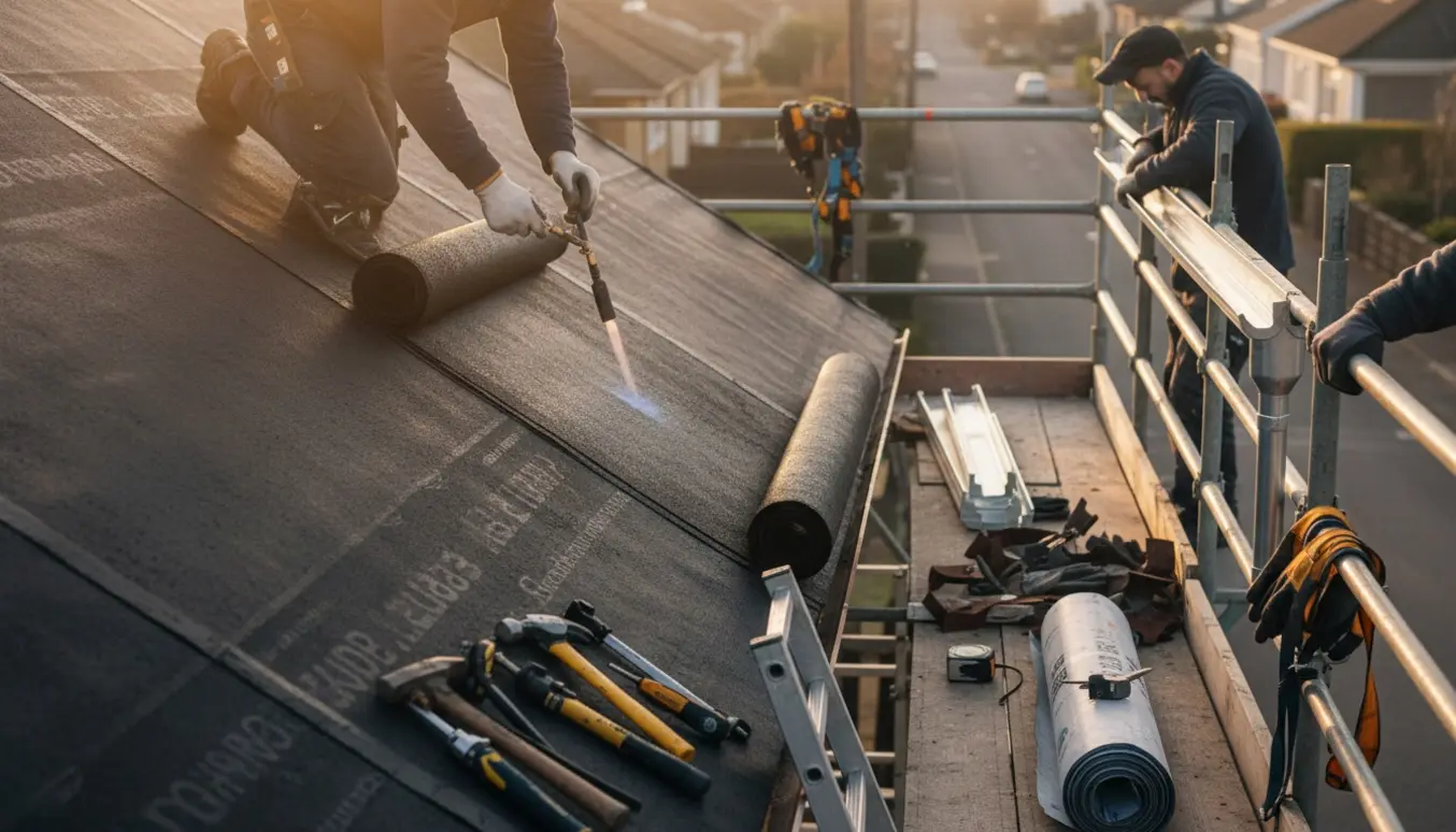 Håndværkere på stillads lægger ekstra tagpap og monterer nye tagrender på et parcelhus.