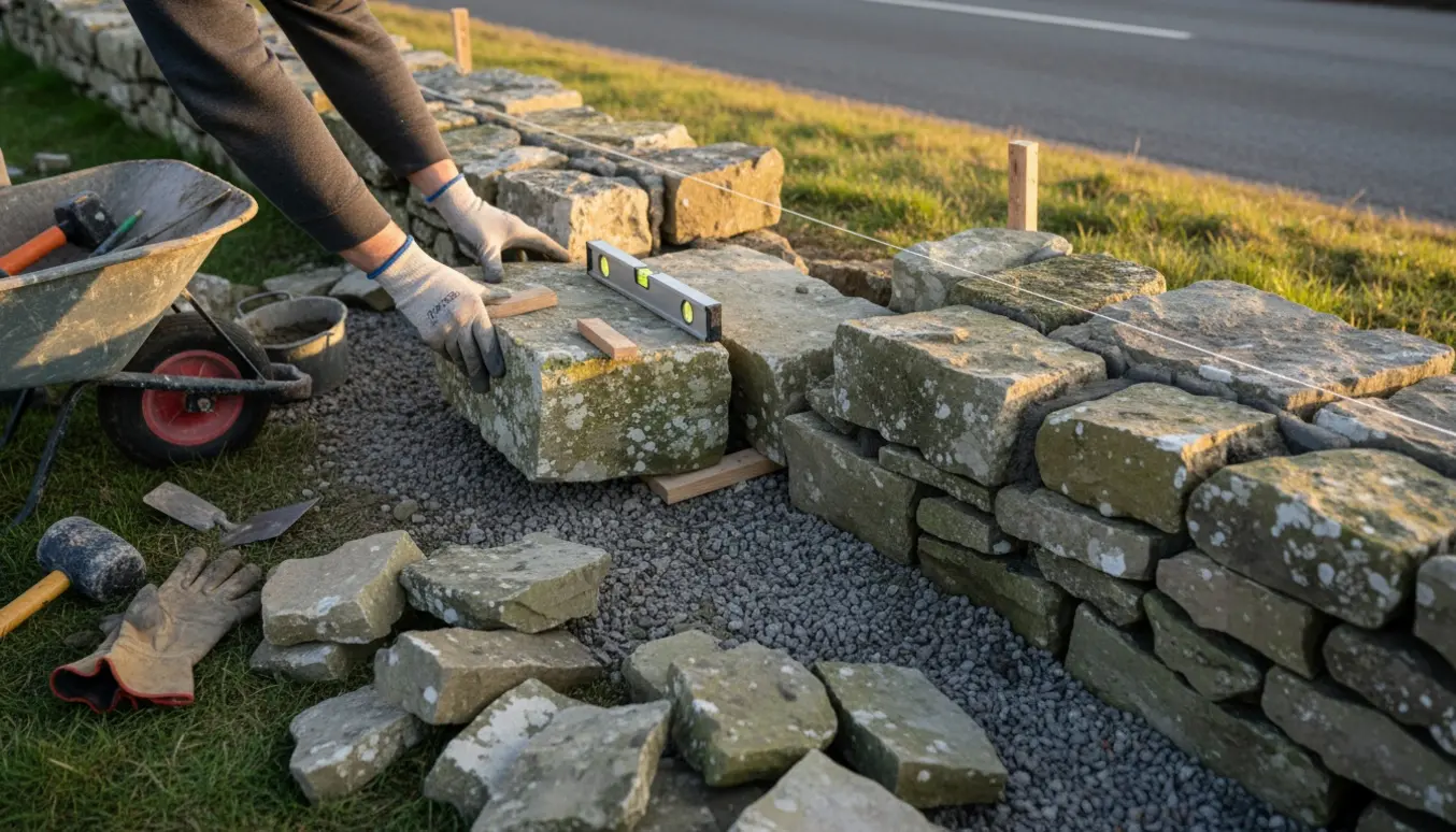 Hænder genopbygger en delvist væltet støttemur ved vejen med genbrugte sten og byggeværktøj.