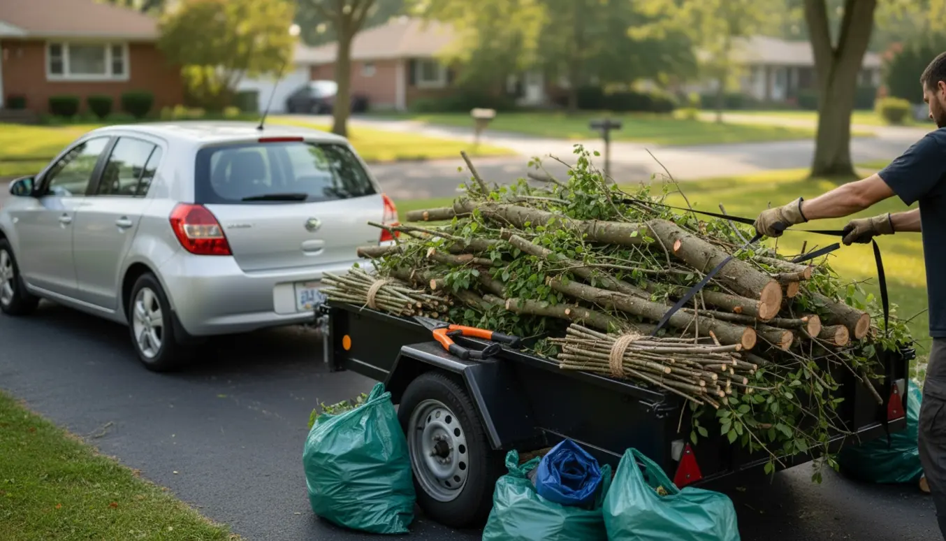 Trailer lastet med beskårne grene og plastsække med haveaffald ved en indkørsel, klar til afhentning.