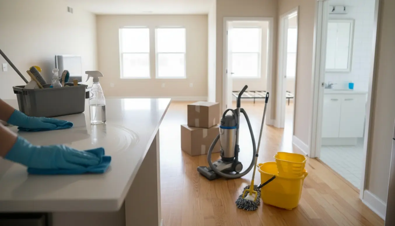 Velholdt lejlighed under flytterengøring med moppe, støvsuger og rengøringskasse i et lyst køkken-alrum.