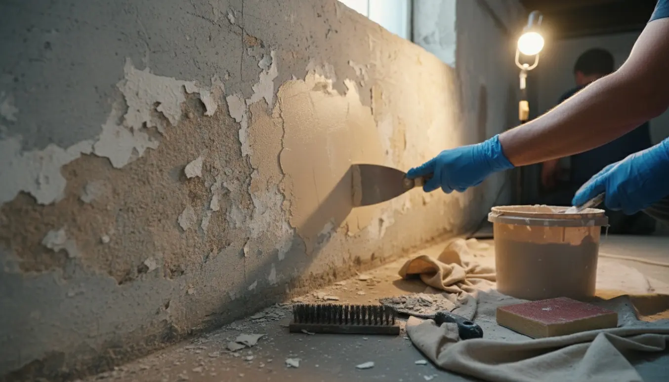 Kældervæg med afskallet maling, spartelmasse og værktøj klar til reparation.