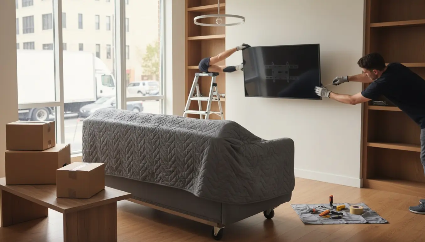 Flytteaktivitet i en lejlighed med indpakkede møbler, en fjernsynsafmontering og flyttekasser ved døren.