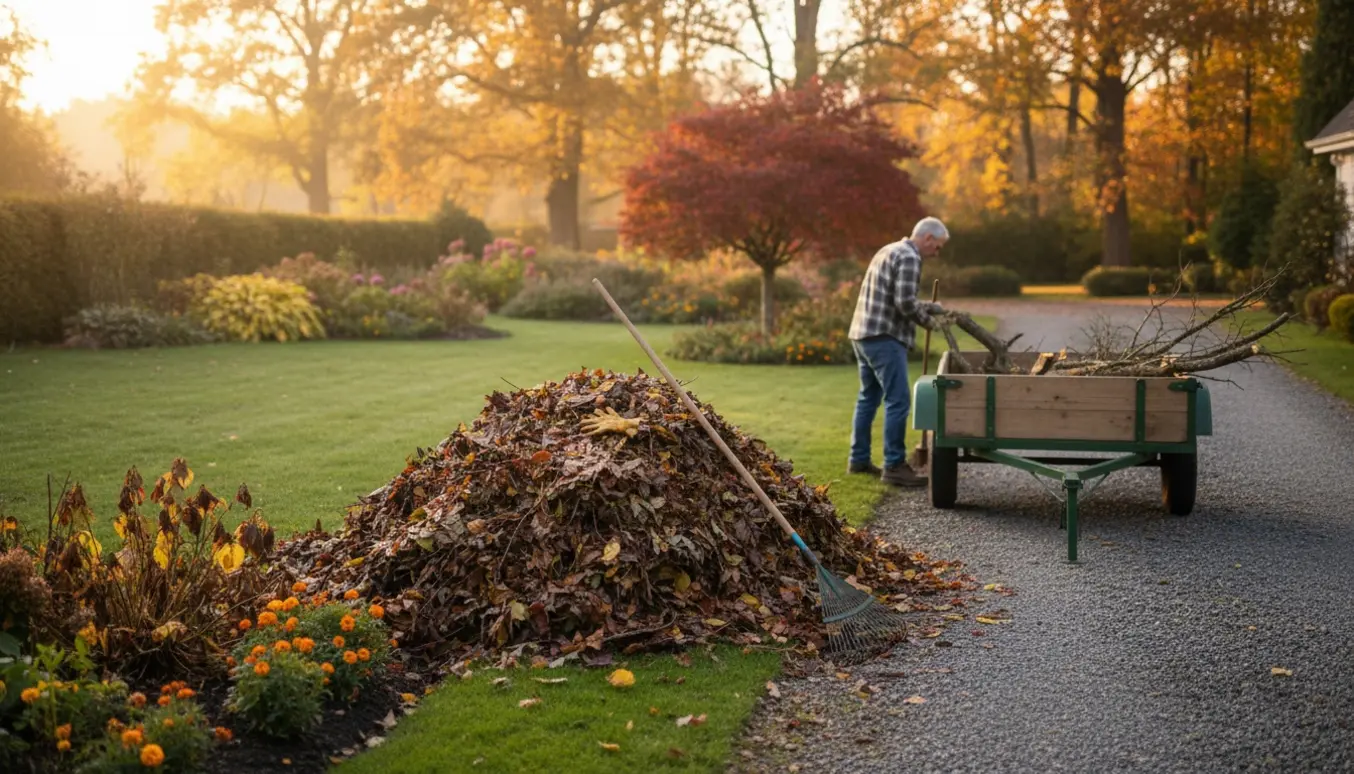 Ryddet have med opsamlet blade og grene ved trailer, en rive og arbejdshandsker synlige.