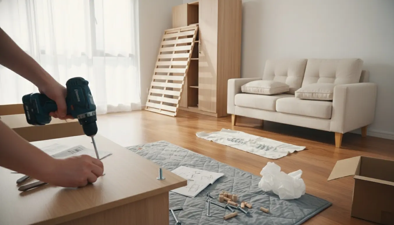Nærbillede af hænder, der samler fladpakket møbler i en lys stue med værktøj og delvist samlede borde, senge, skabe og sofa.