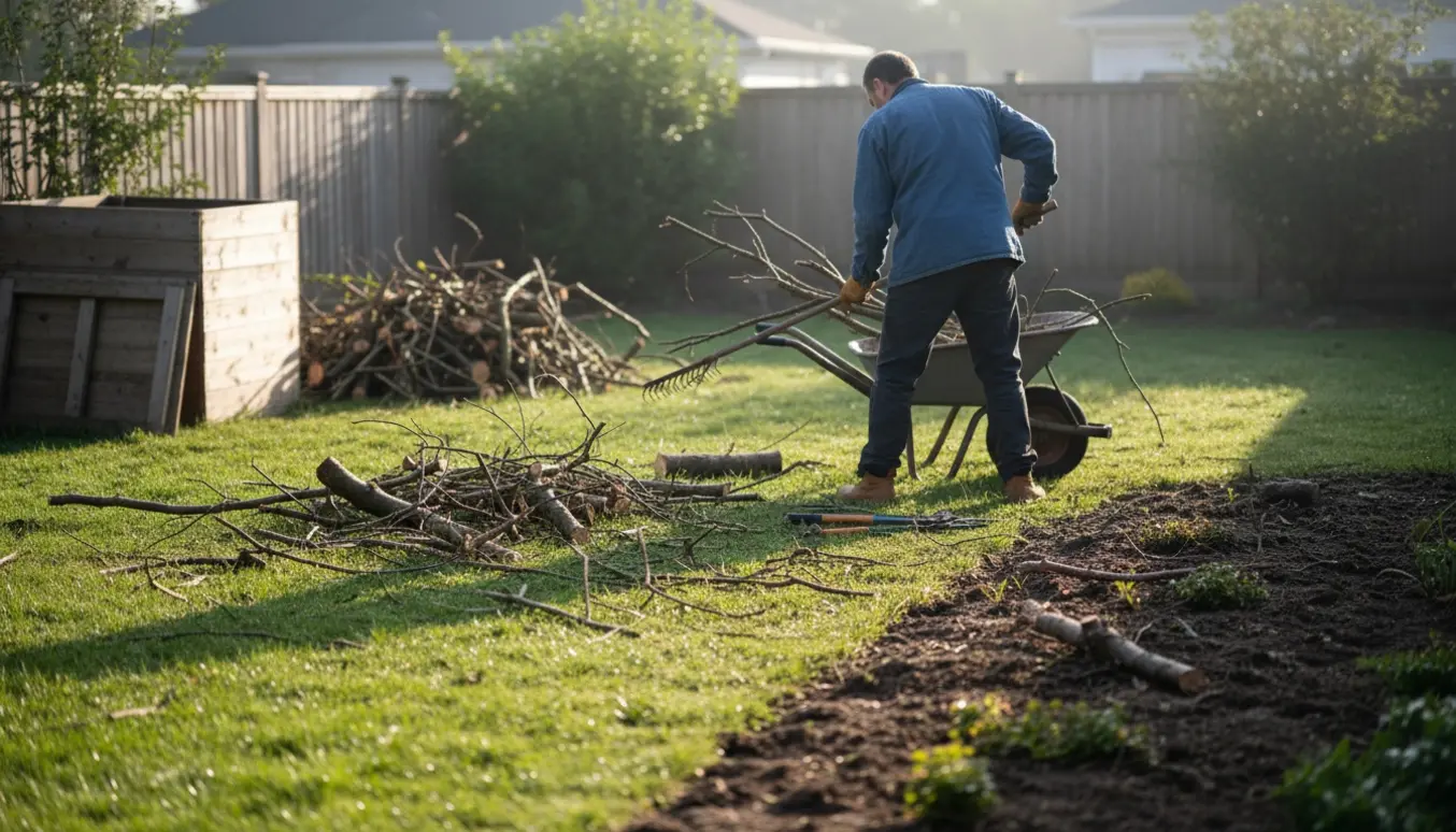 Person lægger grene og haveaffald i en trillebør i en baghave.