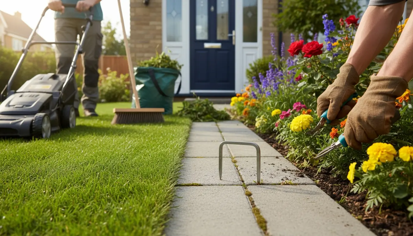 En lille have hvor græs slås, ukrudt fjernes i bede og mellem fliser, og terrassen fejes.
