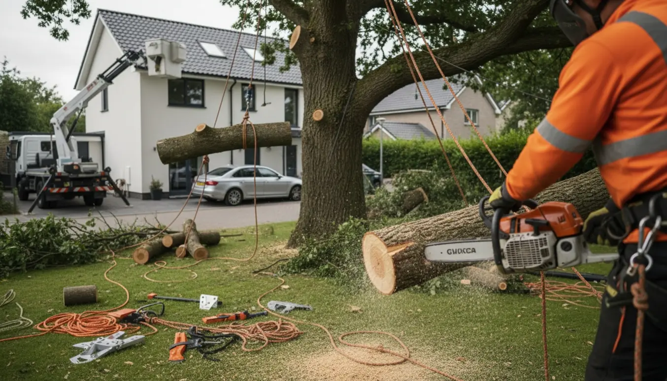 Arborist fælder et stort træ i et tæt område ved et hus med sikkerhedsudstyr, tov og savstøv.