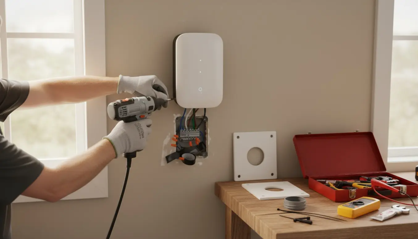 Hænder afmonterer en vægmonteret ladestander i en garage med værktøj og lukkematerialer klar.