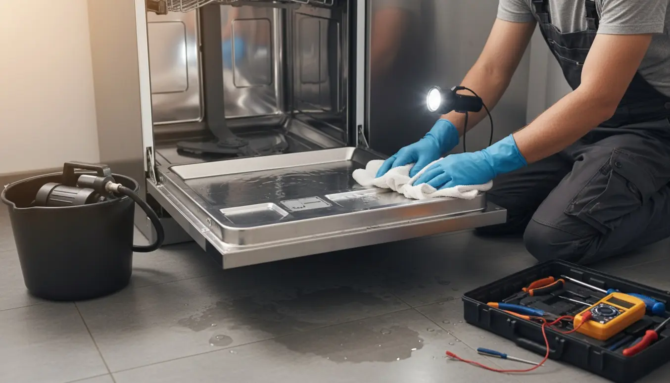 Tekniker med handsker fjerner vand under en indbygget opvaskemaskine i et lyst firmakøkken.