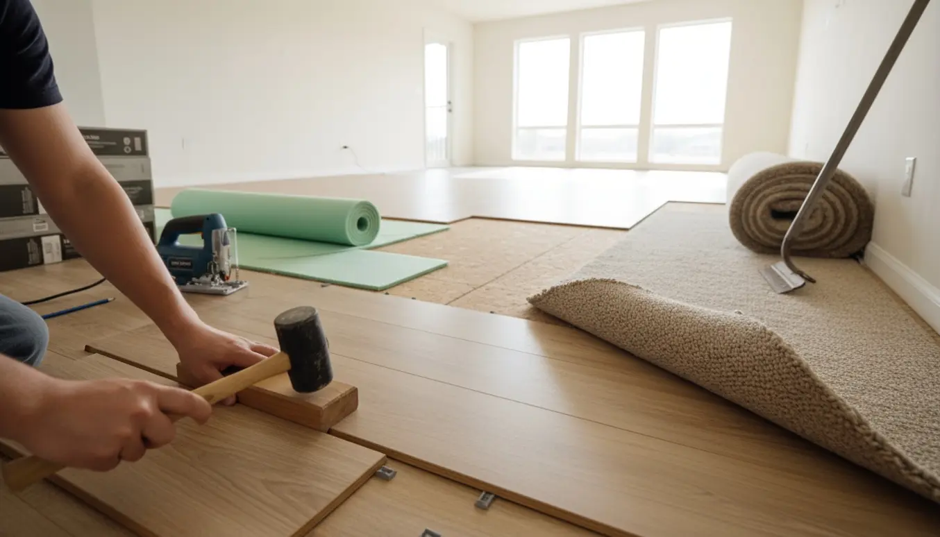 Nærbillede af lægning af nyt laminatgulv med rullet underlag og delvist fjernet tæppe i et lyst rum.