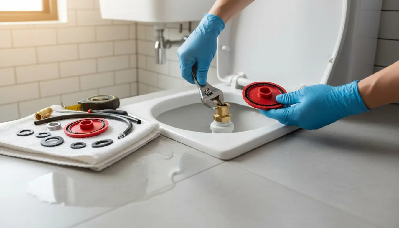 Nærbillede af handsker, der reparerer en åben toiletcisterne med værktøj.