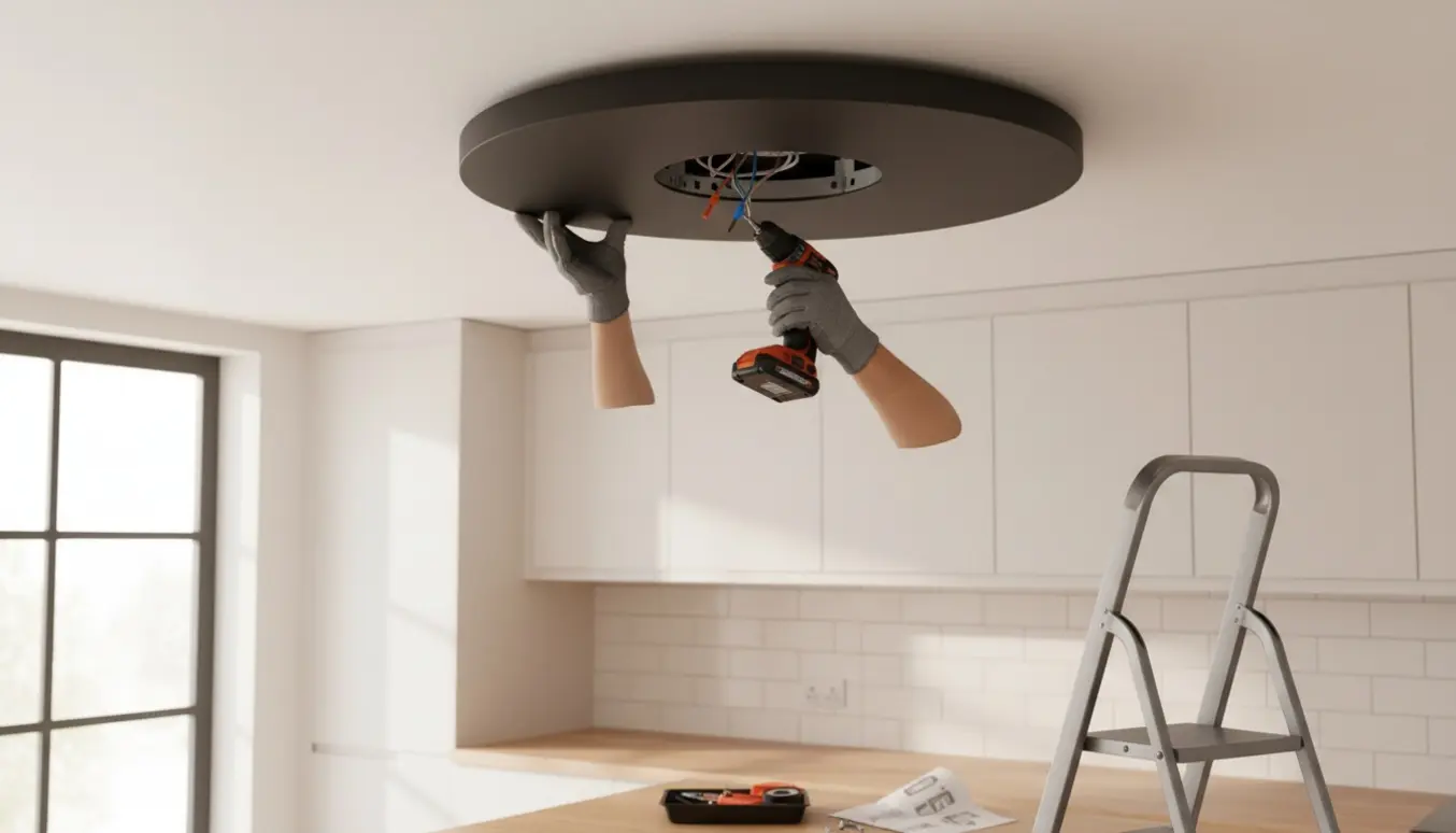 Nærbillede af hænder, der monterer en rund, flad sort LED-loftlampe i et moderne køkken.