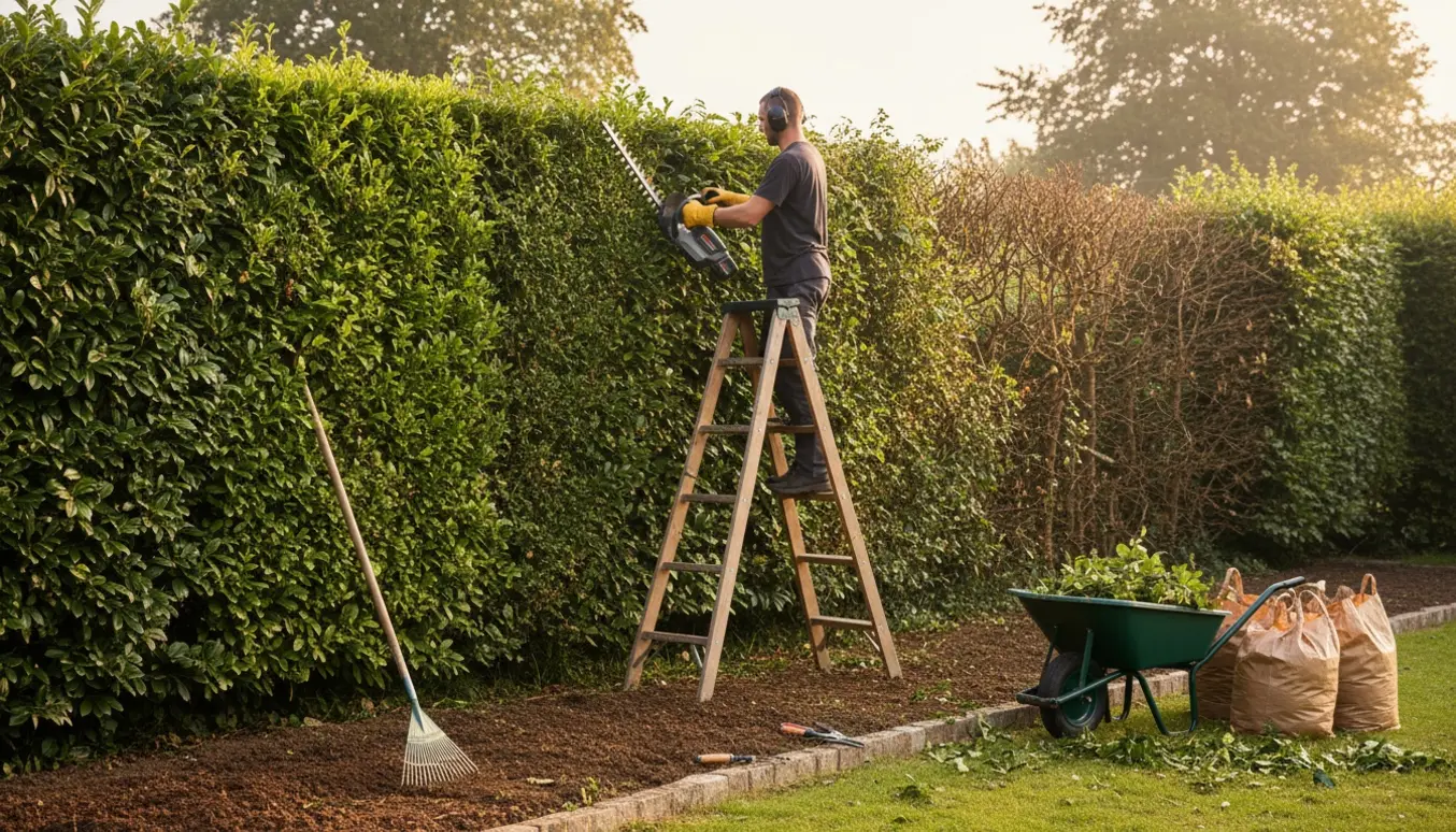 En havearbejder trimmer en blandet hæk og renser bedet med redskaber og opsamlet haveaffald.