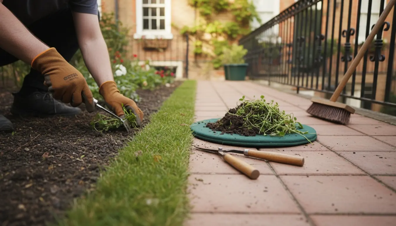 Nærbillede af havehandsker, der fjerner ukrudt og klipper kanten langs en fliseterrasse.
