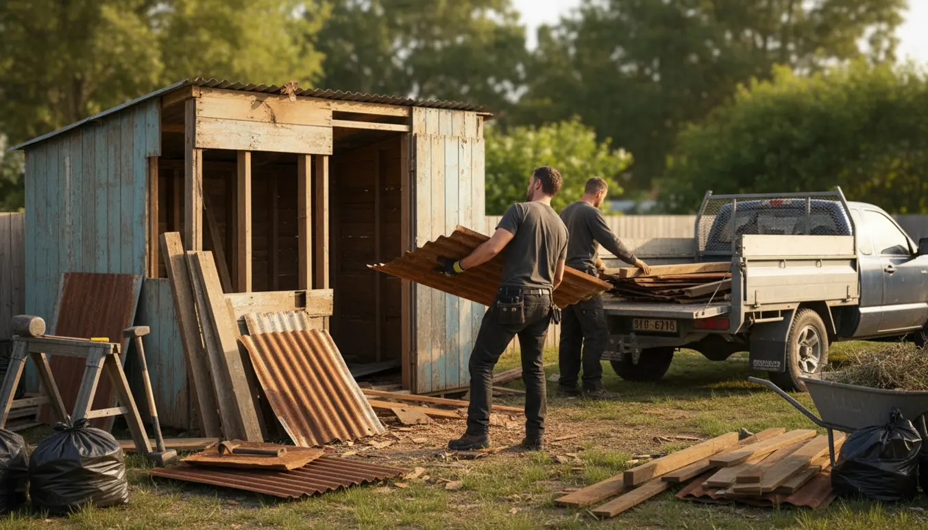 Delvist nedrevet skur og haveaffald, der læsses på en trailer i en baghave.