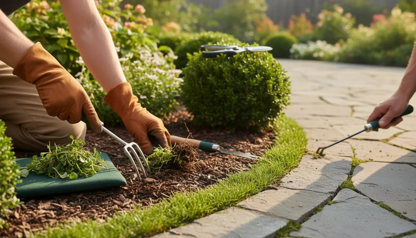 Hænder i havehandsker luge et bed, fjerner ukrudt mellem fliser og skaber en skarp kant ved terrassen.