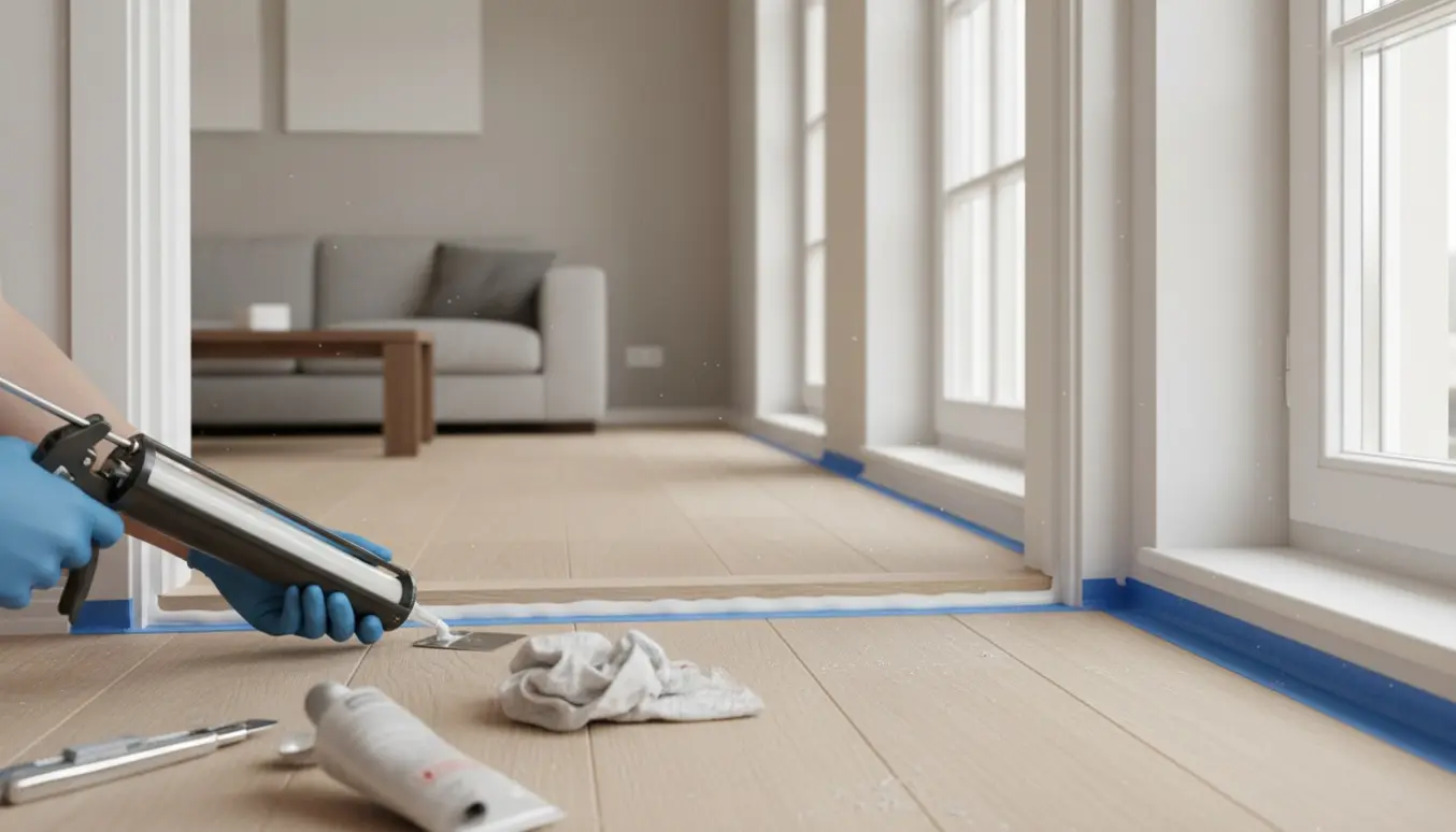 Hænder omfugner dør- og vindueskarme med fugepistol og værktøj i et moderne hjem.