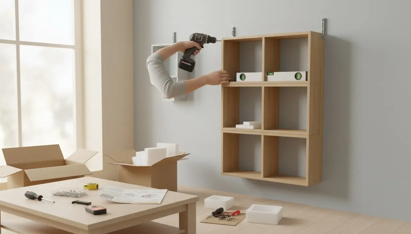 Hænder monterer en 2 m høj væghængt reol med otte kvadratiske hylder.