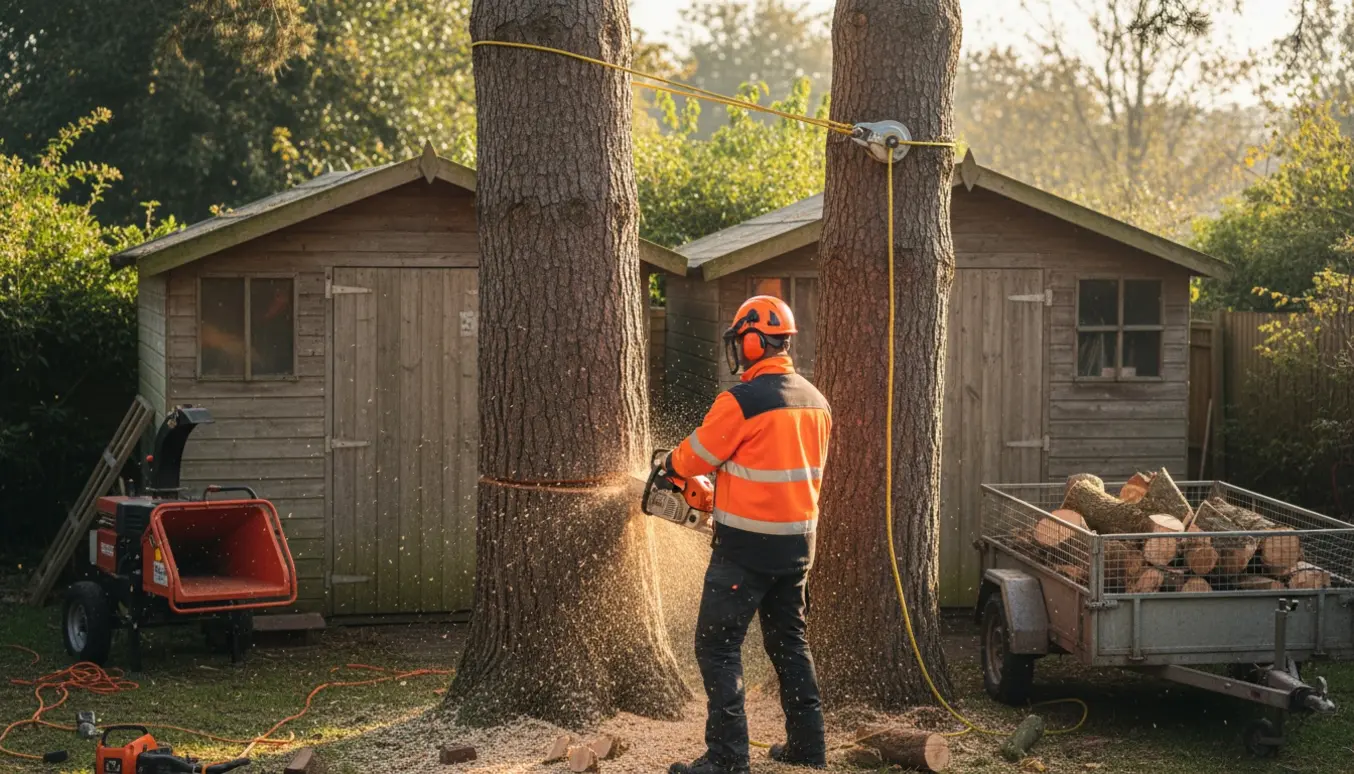 To træer fældes sikkert tæt ved et skur med motorsav, reb og savsmuld i en privat have.