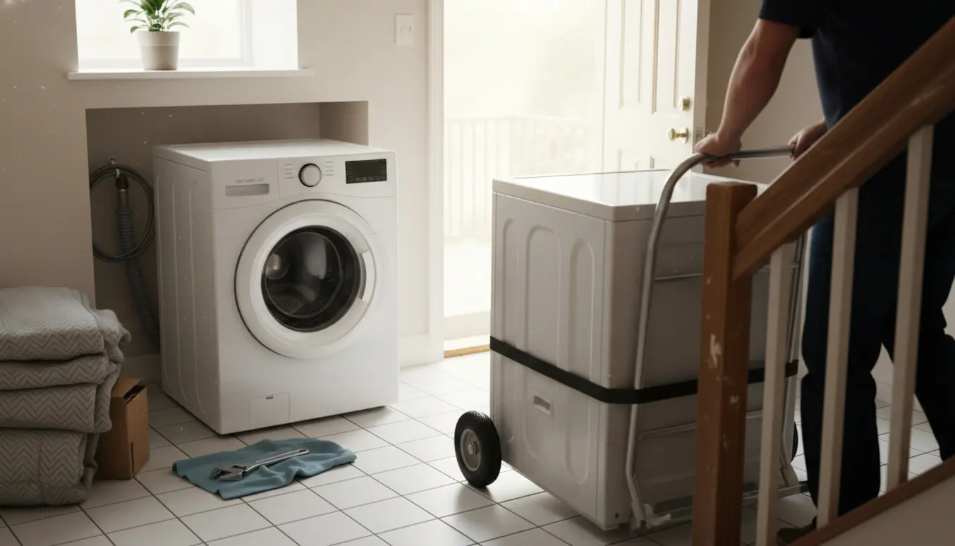Ny vaskemaskine skubbes ind i en lejlighed, mens den gamle køres ned ad trappen på en dolly.