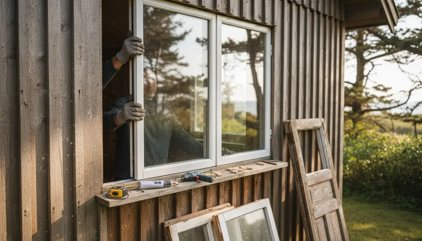 Udsnit af udskiftning af vindue i et træ-sommerhus med værktøj, nye ruder og brugte rammer.