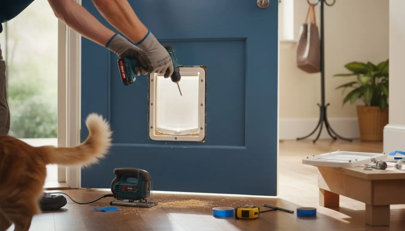 Hænder monterer en kattelem i nederste del af en hoveddør med værktøj og savsmuld.