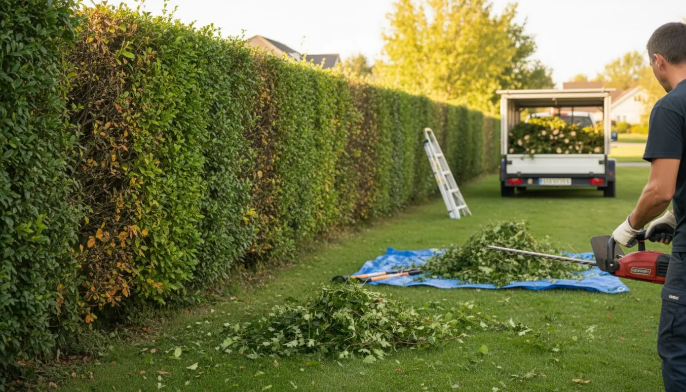Nyslået tjørnehæk i skulderhøjde langs en villavej med klippede grene i en trailer klar til bortkørsel.