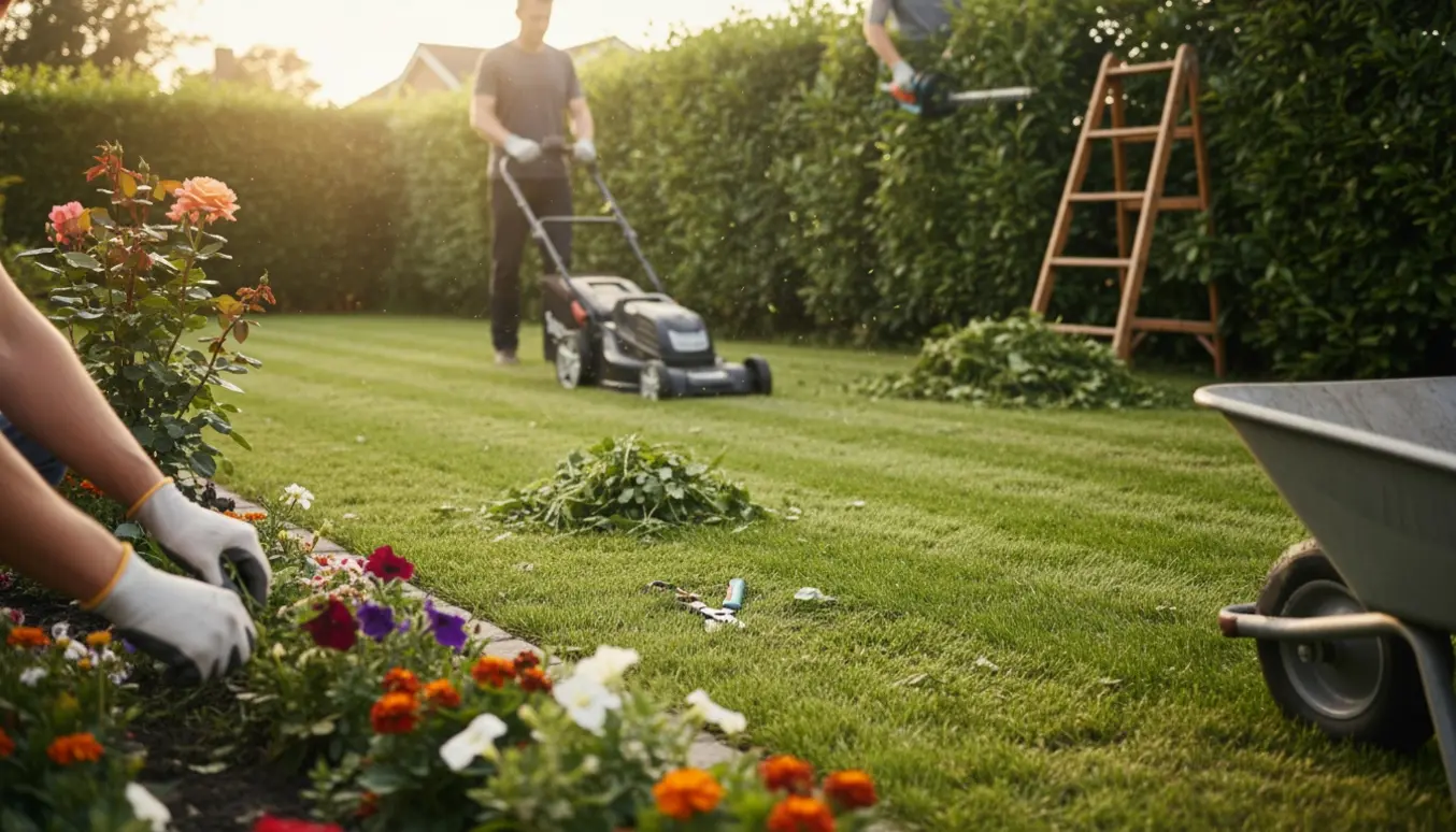 Solbeskinnet forhave med nyslået græs, hæktrimning og ukrudtsfjernelse ved hjælp af redskaber.