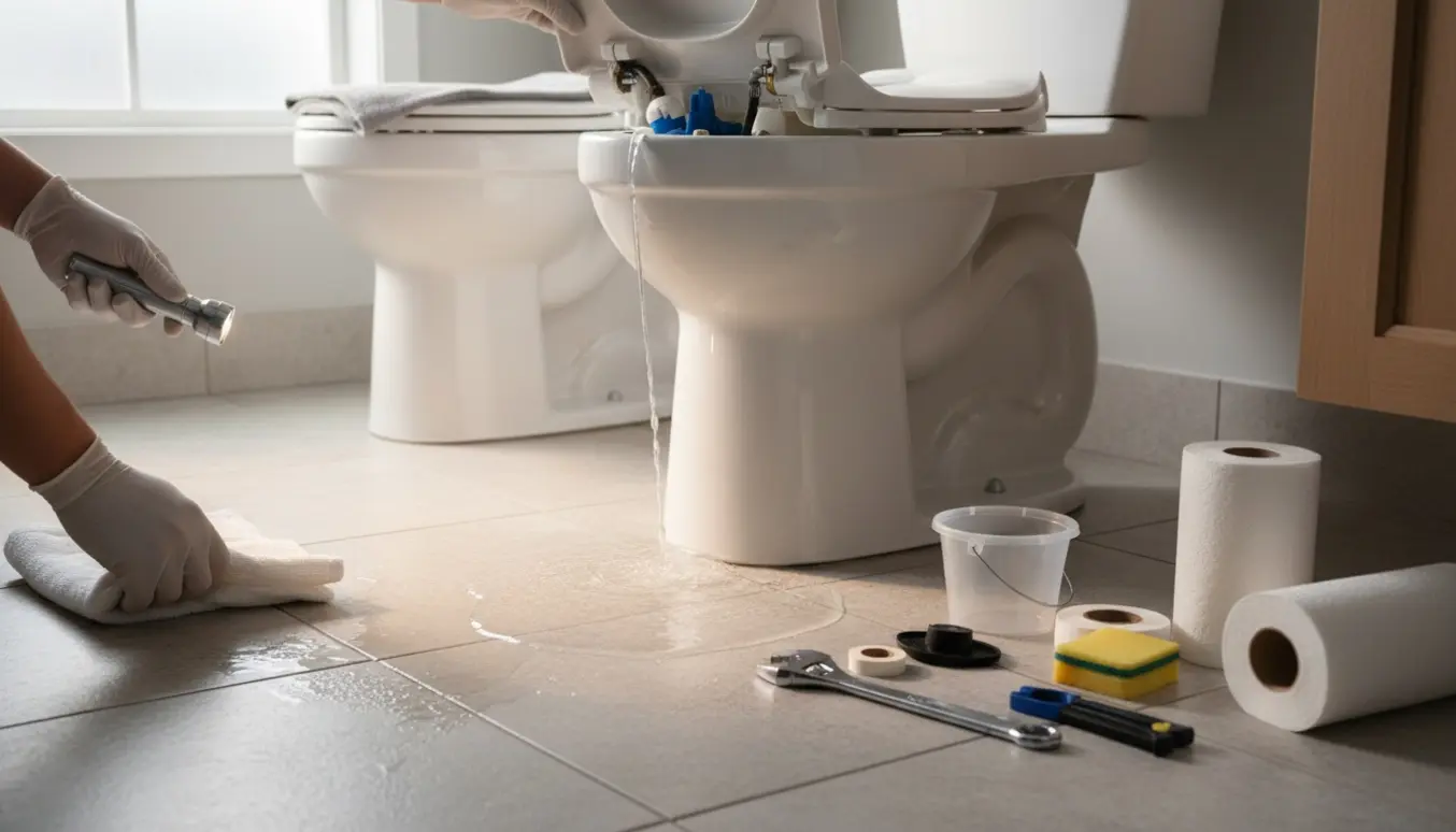 Toilet med små vanddryp ved bunden mens hænder inspicerer cisternen og værktøj ligger klar på flisegulvet.