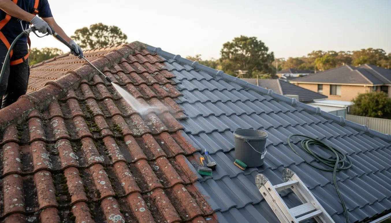 Halvt renset og nymalet tag set fra siden med værktøj og en arbejder i sikkerhedssele uden synligt ansigt.