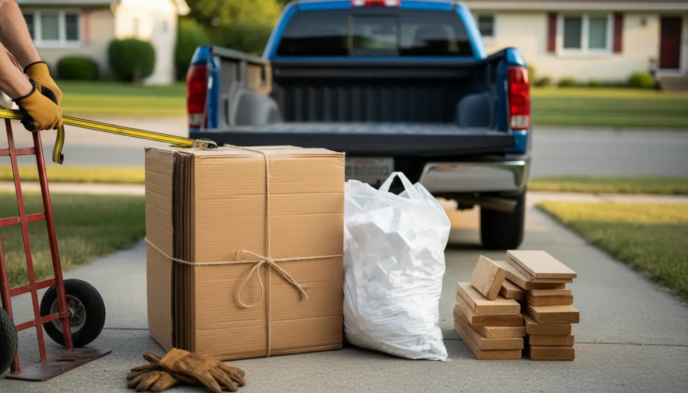 Fladede papkasser, flamingo i en sæk og trærester ved bilen klar til bortskaffelse, med arbejdshandsker og sækkevogn.
