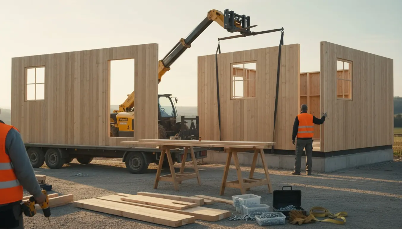 Flytning og genopbygning af et lille træhus med vægsektioner læsset på trailer og håndværkere uden synlige ansigter.