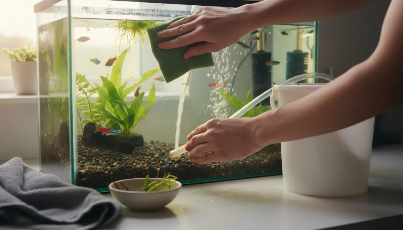 Hænder rengør et akvarium med sifon og svamp, klart vand, planter og svømmende fisk.