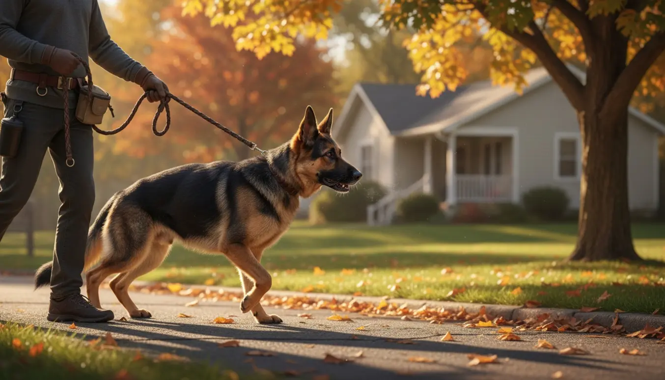 Schæferhund i snor på en efterårstur foran et parcelhus, set i blødt gyldent morgenlys.