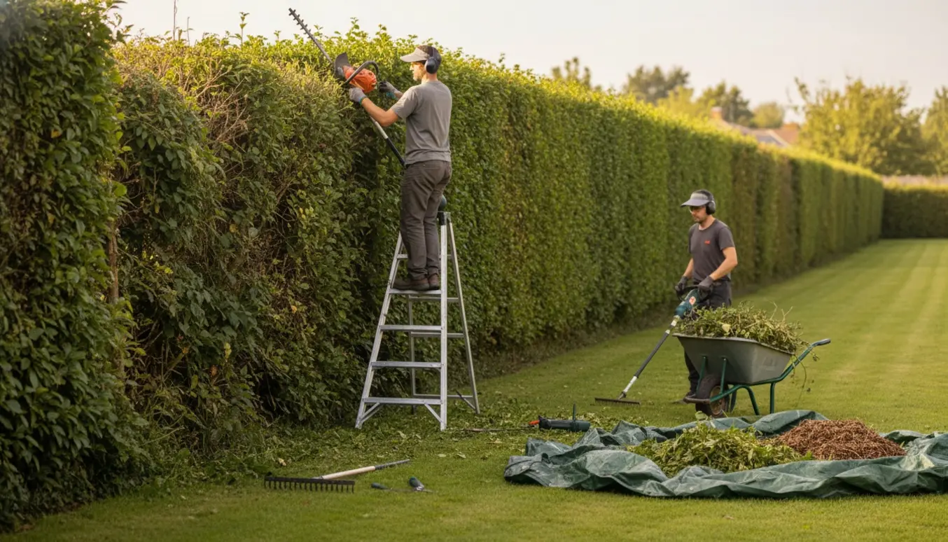 Lang hæk på cirka 60 meter klippes på top og sider med hækkeklipper og stige.