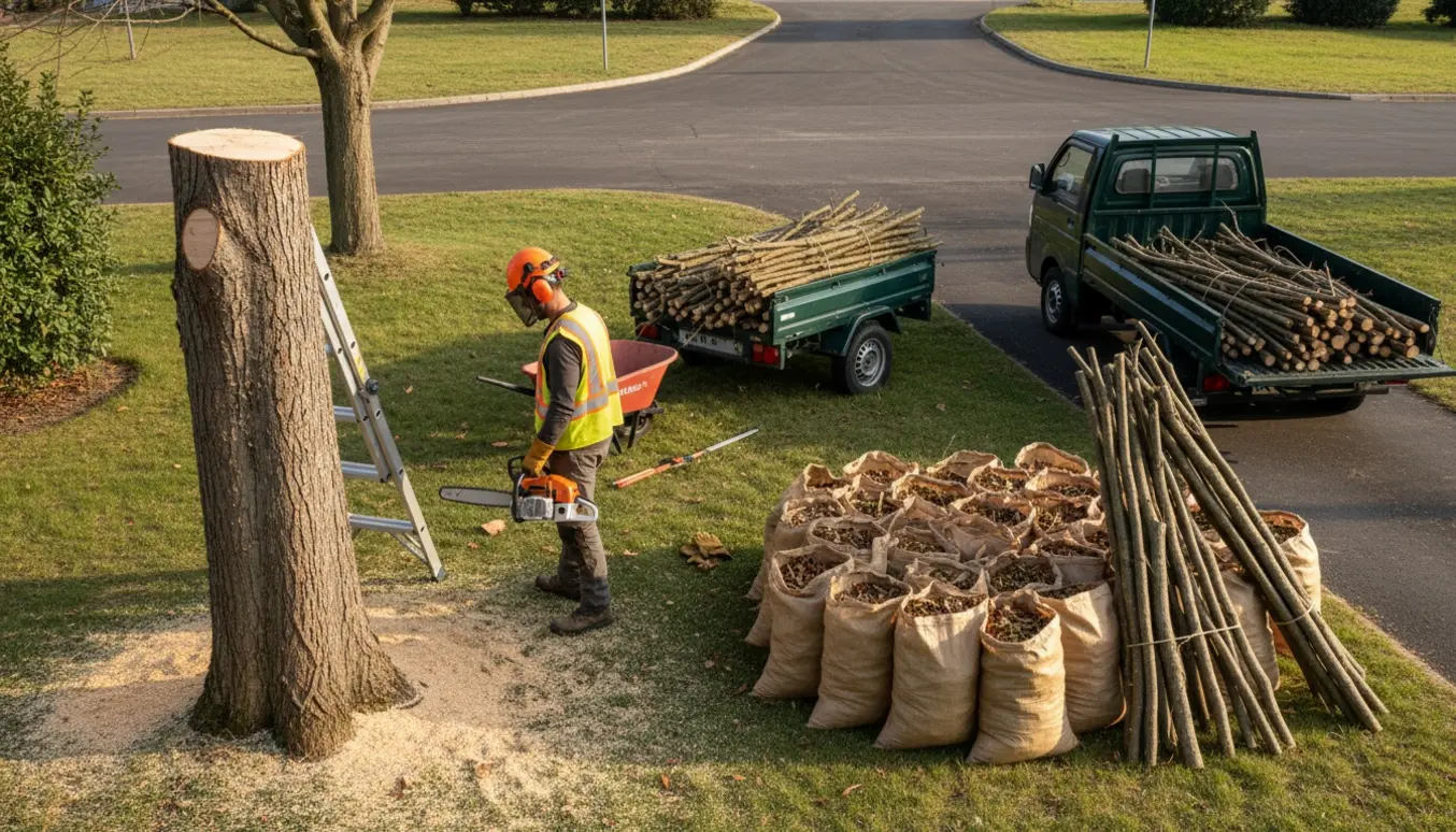 Nyklippet trætoppet med cirka 26 fyldte haveaffaldssække og 10 store bundne grene klar til afhentning, uden synlige ansigter.