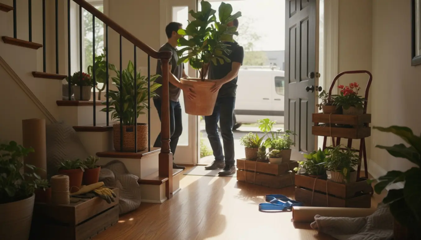 To personer bærer en stor potteplante op ad en trappe, mens tre kasser med planter står på en sækkevogn ved døren.