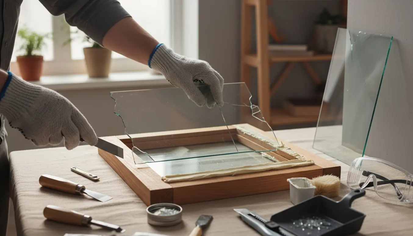 Hænder udskifter to små ruder i en træramme med nyt enkeltglas og værktøj på vindueskarmen.