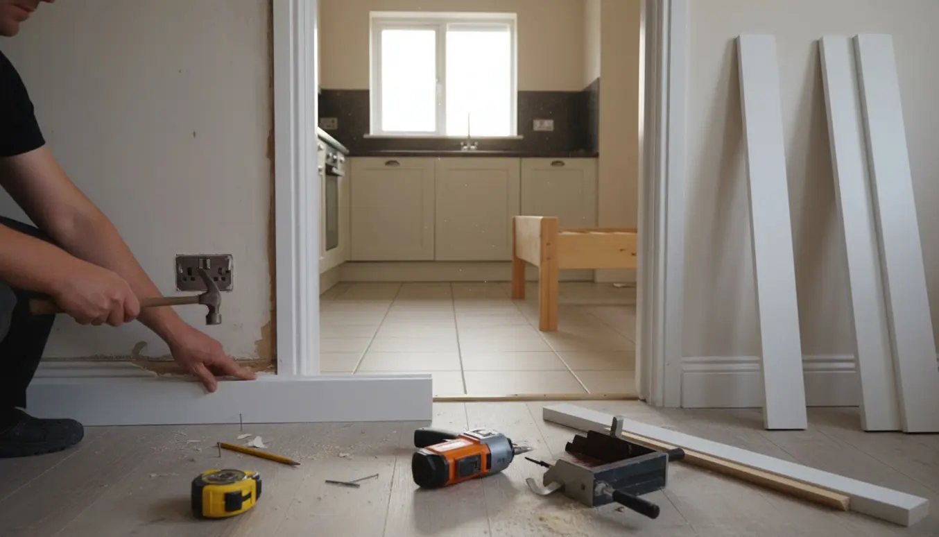 Nærbillede af hænder, der afmonterer slidte fodpaneler og sætter nye hvide paneler op i et lille køkken og sovværelse.