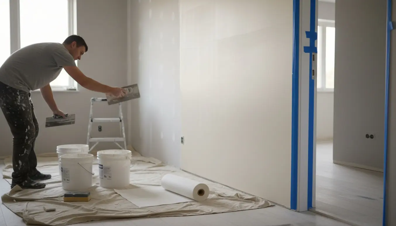 Hænder fuldspartler en væg med frisk puds, mens filt og værktøj står klar i rummet.