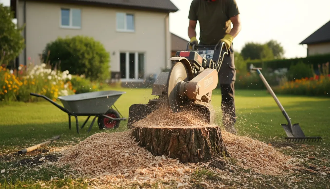 En stump på ca. 40–45 cm fræses væk i en solbelyst baghave, med træflis og fræser i fokus.