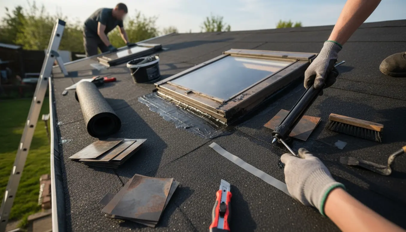 Tag på havehus med flere små ovenlysvinduer, hvor hænder tæt ved reparerer utætheder i tagpap med tætningsmasse og metalinddækning.