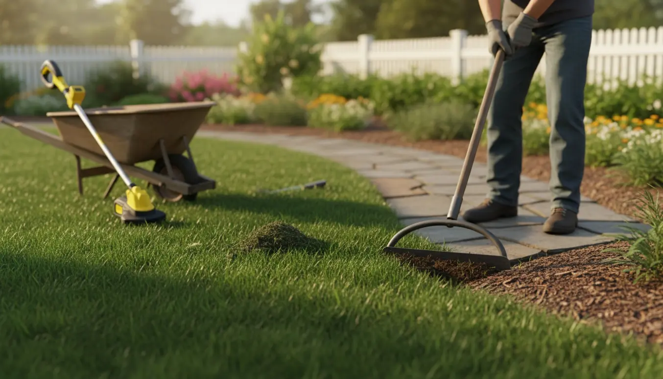 Nærbillede af kantbeskæring på en græsplæne langs en flisegang med håndværktøj og nyklippet græs.