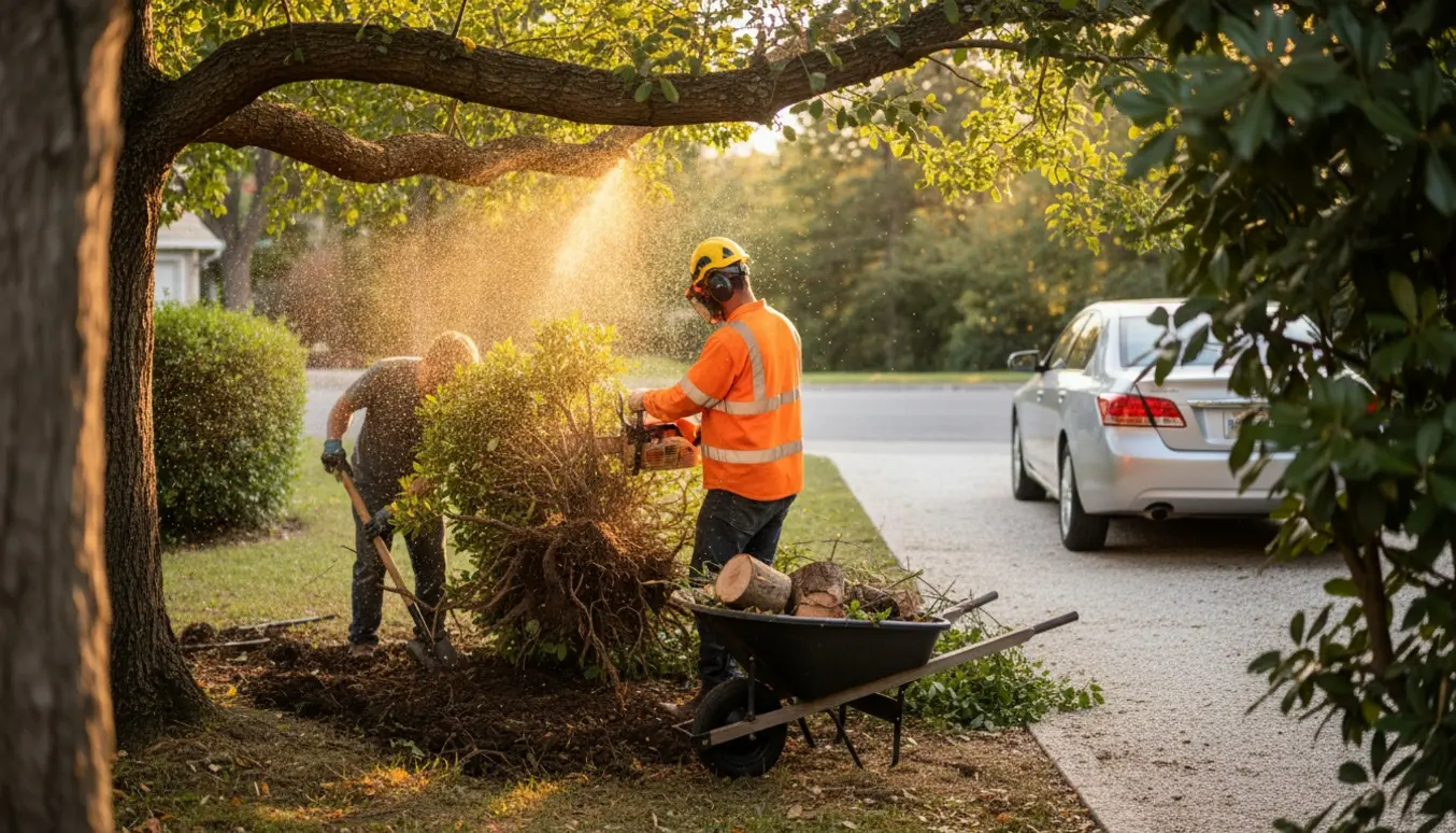 En arbejder saver en gren væk over en indkørsel samtidig med, at en busk graves op ved siden af.