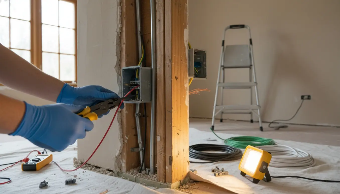 Hænder installerer nye elledninger i en lejlighed med kabelruller og værktøj i forgrunden.