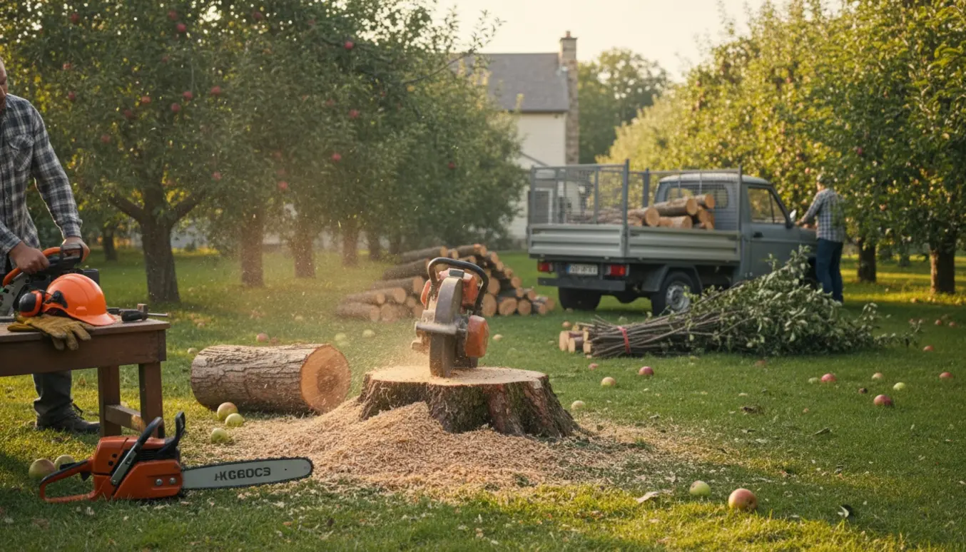 Stumpfræser og sav ved to fældede æbletræer med friske flis, stablede stammer og trailer klar til bortskaffelse.