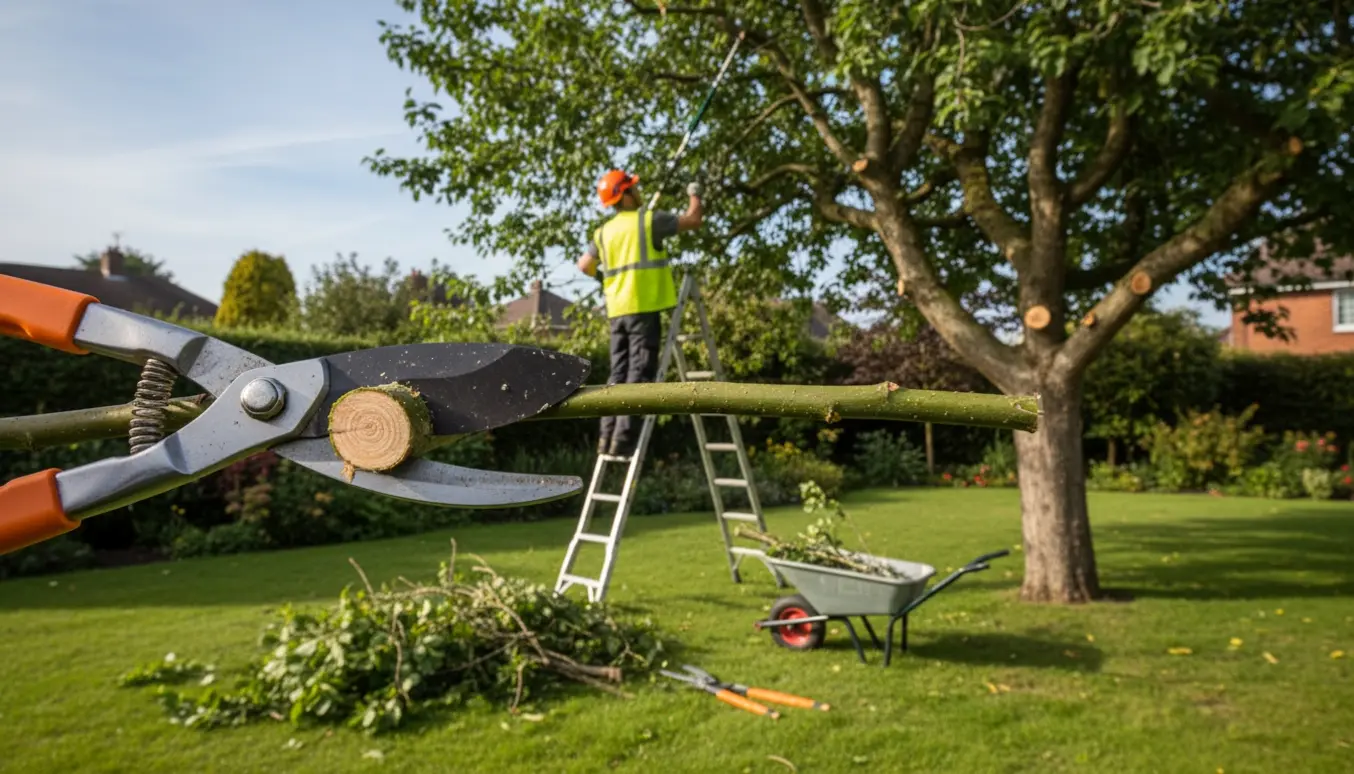 Arborist trimmer et træ i en have med beskårne grene og værktøj i forgrunden.